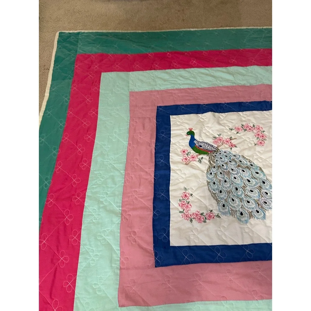 Vintage Peacock Embroidered Quilt Colorful Multi Border‎ Butterfly Stitching